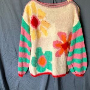Gold & Silver: Pink & Green Crew Neck Floral Design Sweater- One size fits most
